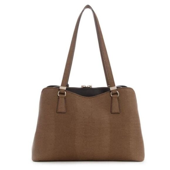 GUESS Lyndi Girlfriend croc embossed large satchel - Brown/Black - Picture 2 of 16